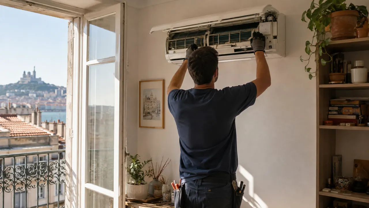 Unité de climatisation murale ouverte pour intervention dans un séjour d'appartement, fenêtre ouverte sur les toits de Marseille.