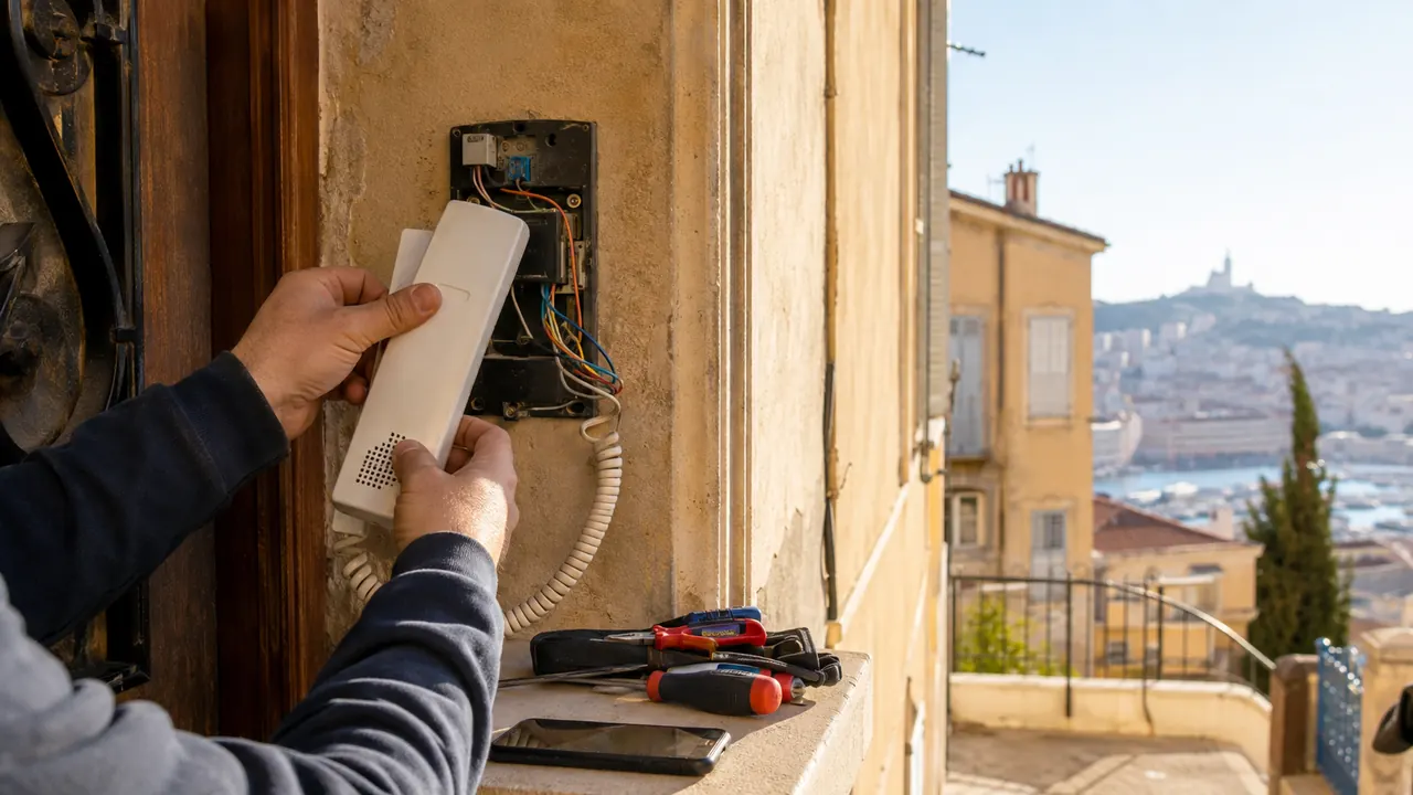 Combiné d'interphone déposé devant son boîtier mural ouvert, câblage apparent, sur le pas d'une porte d'immeuble marseillais.