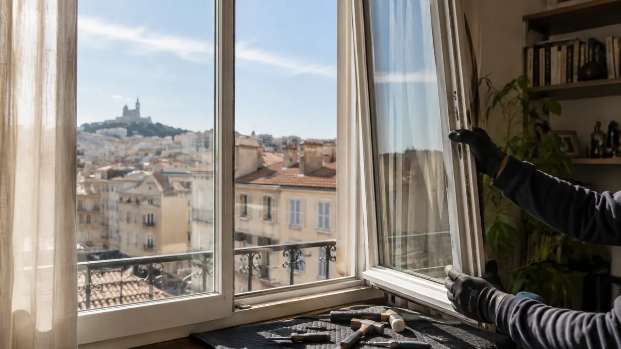 Manipulation d'un ouvrant vitré devant une fenêtre d'appartement donnant sur les toits et les façades de Marseille, outils posés au sol.